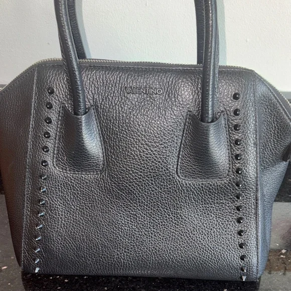 Valentino By Mario Valentino Black Textured Satchel with studs. - Picture 8 of 12